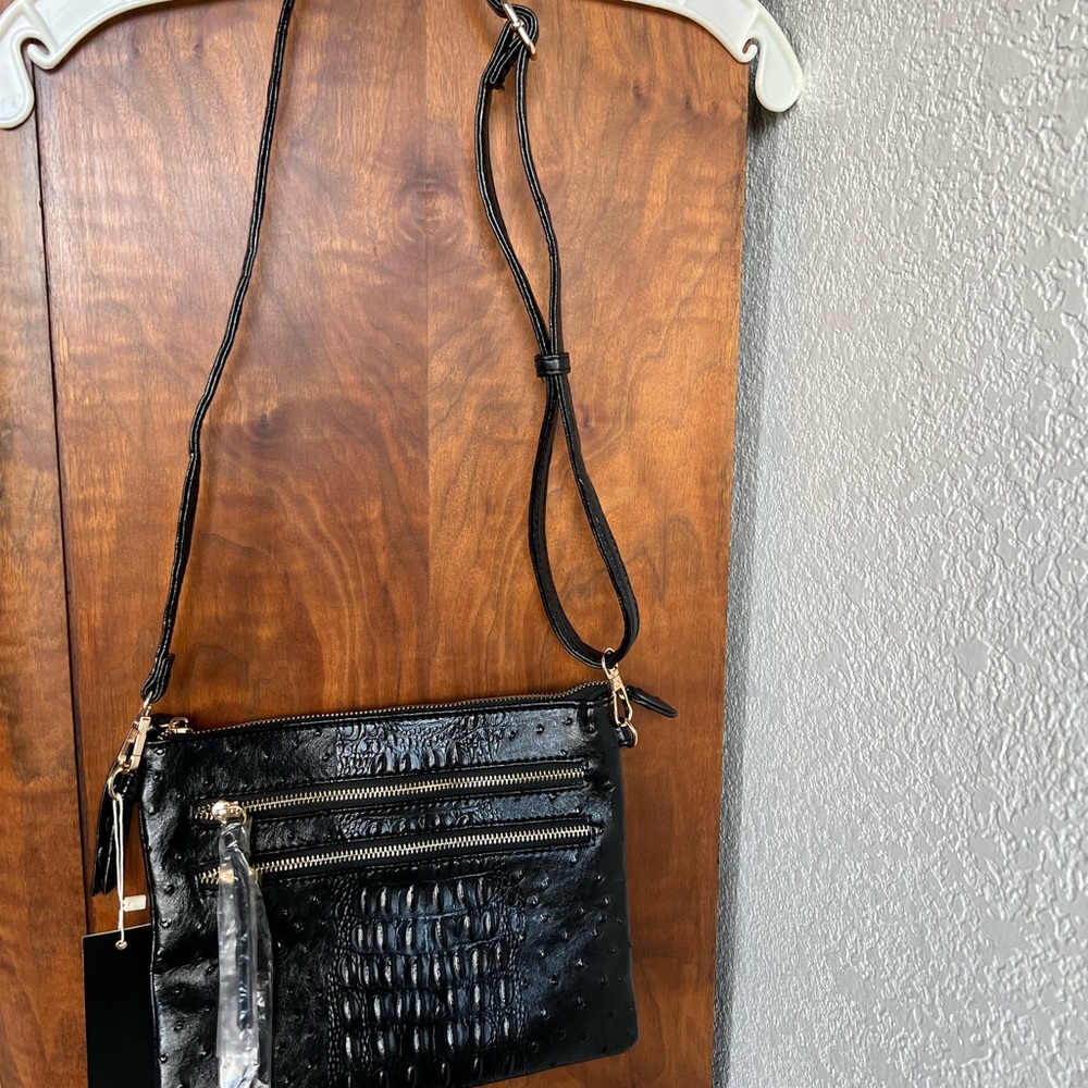 NWT Poppi Vegan Black Croco Leather Crossbody Bag! - Picture 7 of 11